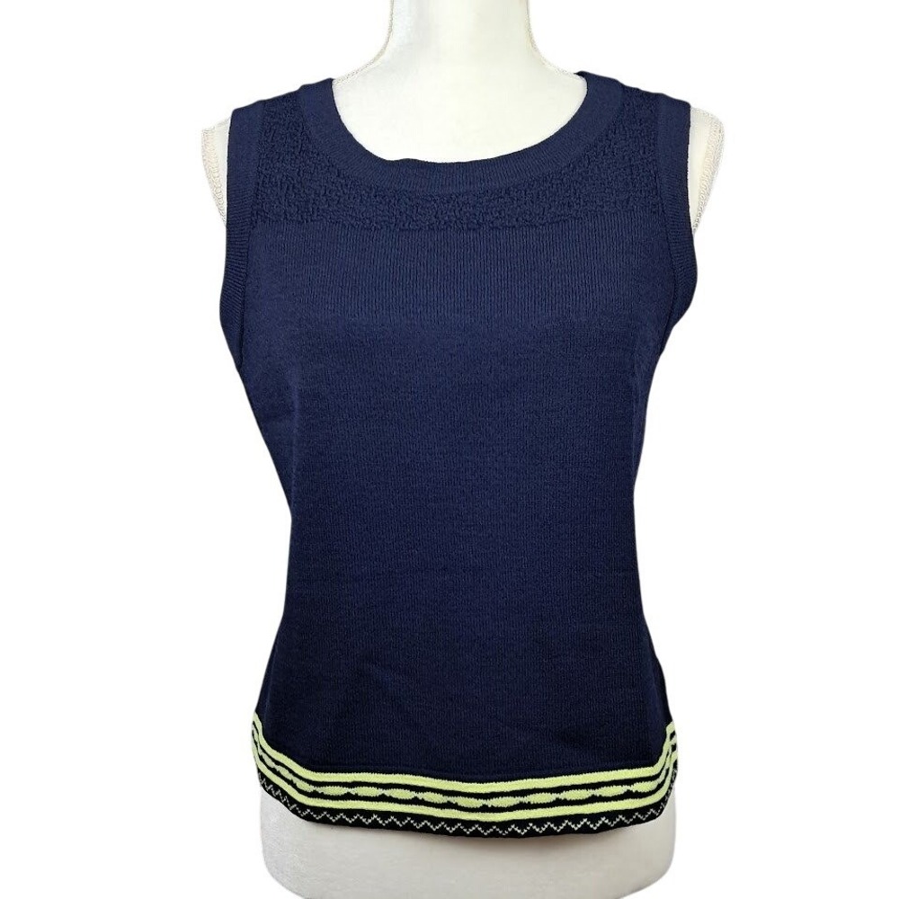 ST JOHN S Navy Blue Sleeveless Knit Top Neon Yellow Stripe Wool Blend Classic‎